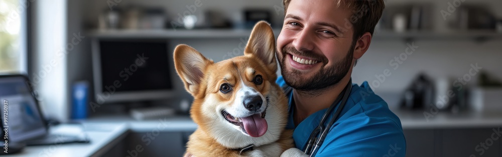 Smiling vet playing with Corgi dog in a veterinary clinic Smiling vet playing with Corgi dog in a veterinary clinic