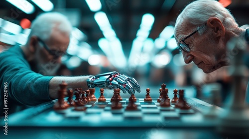 Image depicting a chess game between a robot and a man, highlighting the blend of technological advancement and human intellect in a classic game, representing competition and coexistence. photo