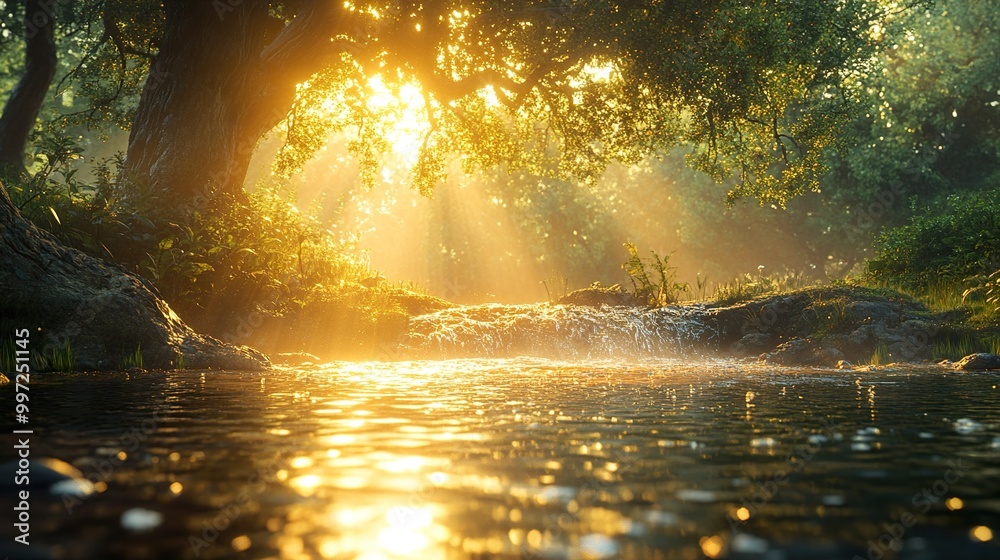 Golden Hour in a Lush Forest with a River and Waterfall Golden Hour in a Lush Forest with a River and Waterfall