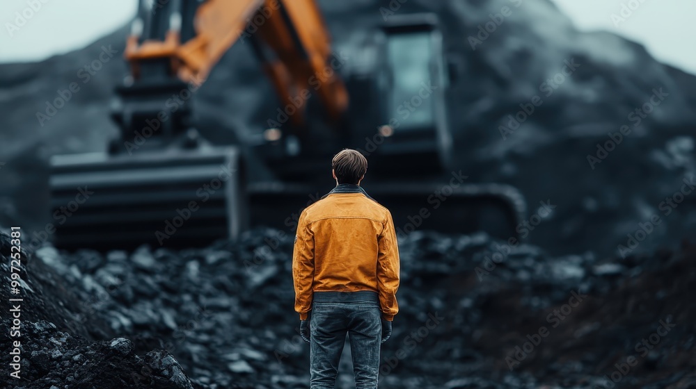 An individual in a vibrant yellow jacket stands facing a massive excavation machine in an industrial outdoor setting, conveying the magnitude of the machinery. An individual in a vibrant yellow jacket stands facing a massive excavation machine in an industrial outdoor setting, conveying the magnitude of the machinery.