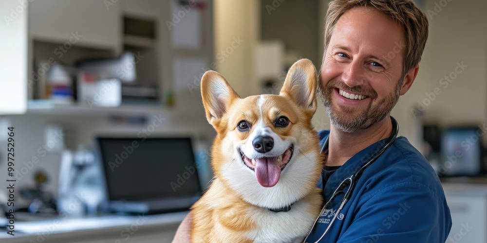 Smiling vet playing with Corgi dog in a veterinary clinic Smiling vet playing with Corgi dog in a veterinary clinic