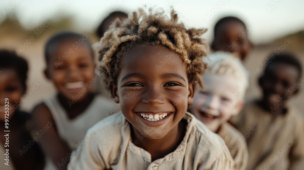 A smiling child with curly hair is joyfully surrounded by friends in an outdoor setting, embodying a sense of community and carefree childhood happiness.