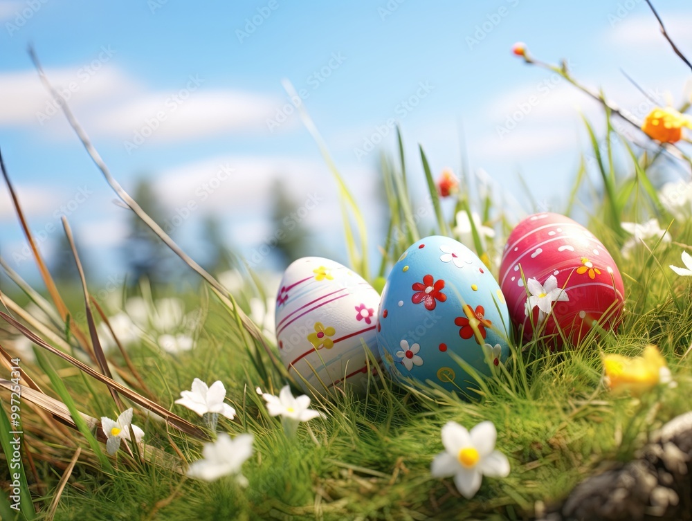 Colorful Easter eggs scattered in lush grass under a bright blue sky, surrounded by delicate flowers, capturing the essence of springtime joy.