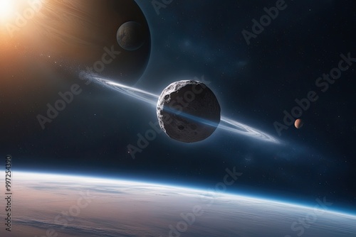 Gliding Meteor Exploring Cosmic Space Near Distant Planet photo