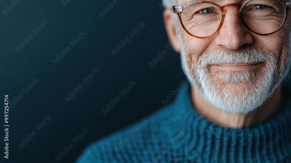 An elderly individual wearing a blue knitted sweater, gazing thoughtfully with a dark background that highlights the thoughtful and serene expression on their face. An elderly individual wearing a blue knitted sweater, gazing thoughtfully with a dark background that highlights the thoughtful and serene expression on their face.