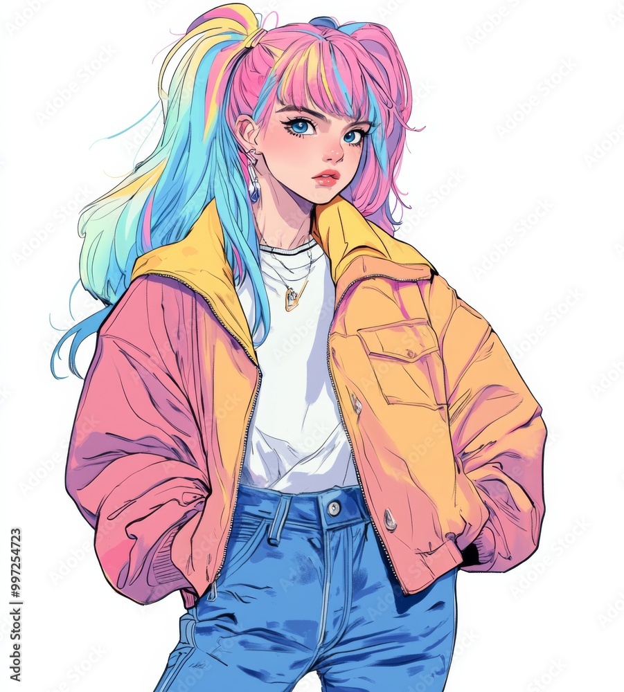 Retro Anime Girl with Pastel Rainbow Hair in Oversized Windbreaker and Blue Jeans Retro Anime Girl with Pastel Rainbow Hair in Oversized Windbreaker and Blue Jeans