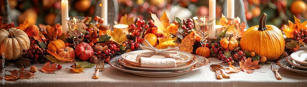 Naklejka premium Elegant Thanksgiving Table Setting with Autumn Decor