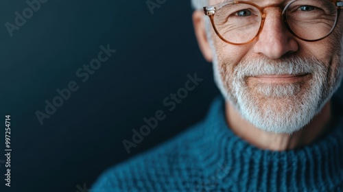 An elderly individual wearing a blue knitted sweater, gazing thoughtfully with a dark background that highlights the thoughtful and serene expression on their face.