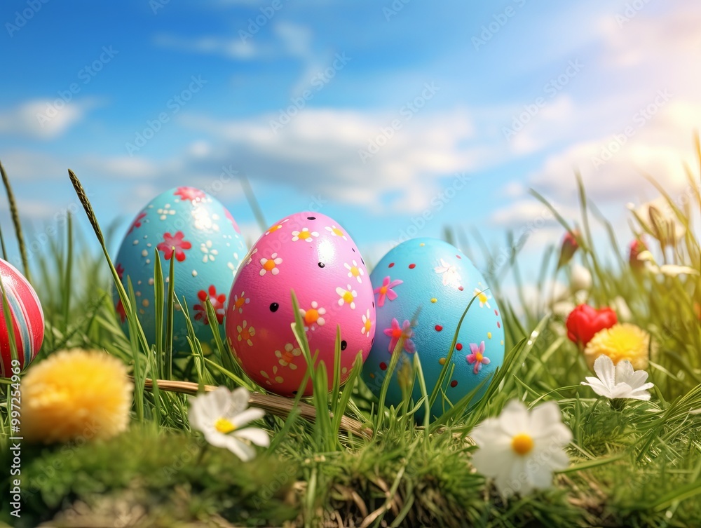 Colorful Easter eggs scattered in lush grass under a bright blue sky, surrounded by delicate flowers, capturing the essence of springtime joy. Colorful Easter eggs scattered in lush grass under a bright blue sky, surrounded by delicate flowers, capturing the essence of springtime joy.