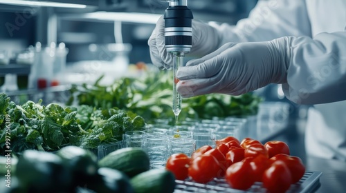 A scientist, wearing gloves, uses a dropper to test various vegetables in a laboratory setting, highlighting the themes of food safety and scientific research. photo