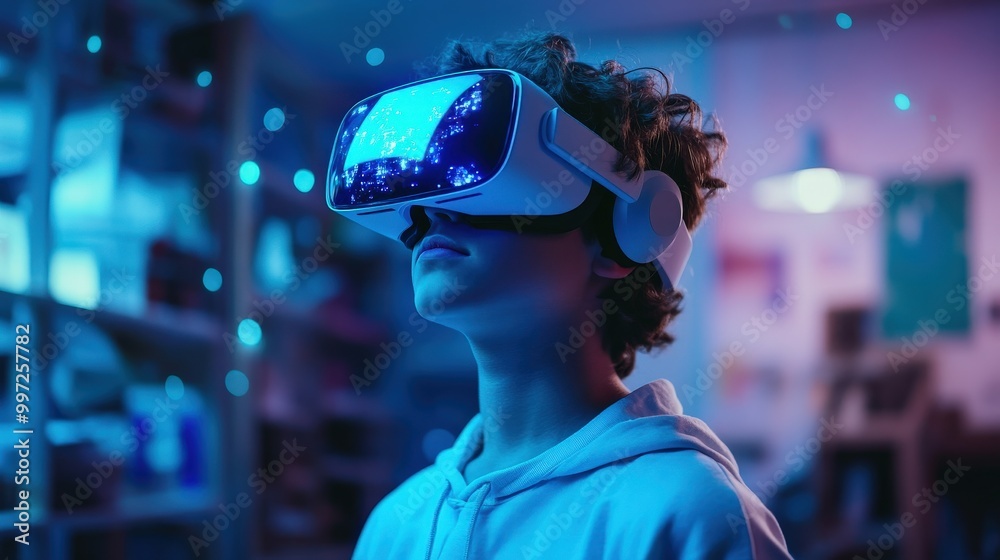 School student using VR headset to interact with AI holograms in a classroom environment School student using VR headset to interact with AI holograms in a classroom environment