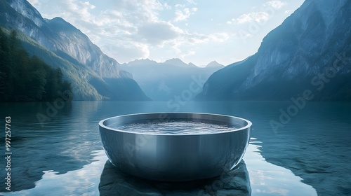 Partially submerged stainless steel tank in tranquil waters, capturing a mirror-like reflection of the surrounding mountains and sky, with ripples on the surface photo