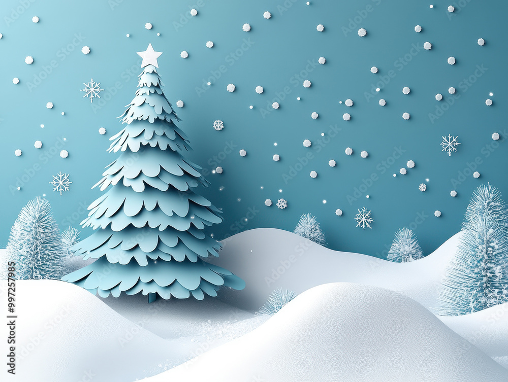 Merry Christmas holiday design, paper cut out Xmas tree toy decoration with snowflakes, snow on blue background for greeting card, banner, poster, postcard, paper cut art style Merry Christmas holiday design, paper cut out Xmas tree toy decoration with snowflakes, snow on blue background for greeting card, banner, poster, postcard, paper cut art style