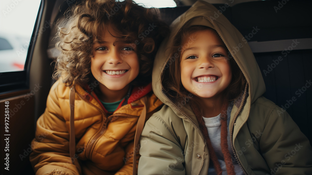 Fototapeta premium The kids are sitting in the car and smiling 