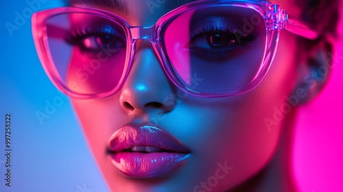 Neon Fashion Portraits: Stylish Woman with Pink Glasses in Futuristic Lighting