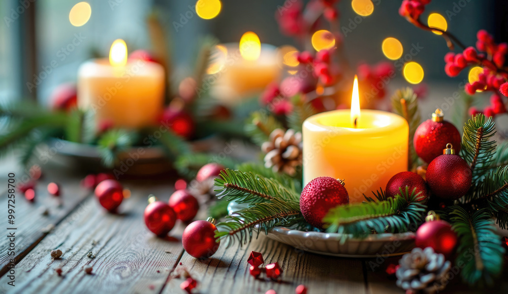 Christmas candle with pine and ornaments on wooden table. Christmas candle with pine and ornaments on wooden table.