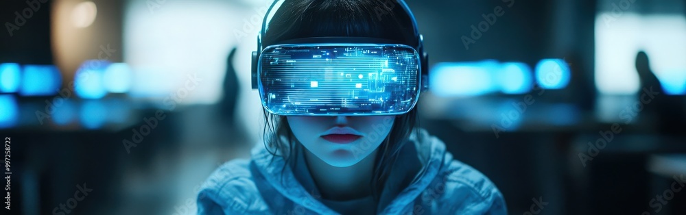 School student using VR headset to interact with AI holograms in a classroom environment School student using VR headset to interact with AI holograms in a classroom environment