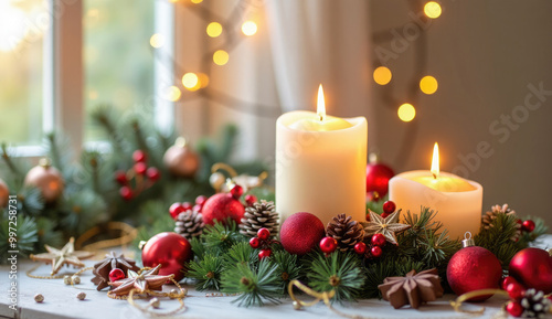 Christmas candle arrangement with pine branches, red ornaments, and warm bokeh lights on a rustic table.