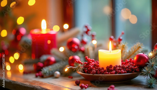 Celebration background with festive christmas candle, red berries, xmas ornaments, and pine branches.