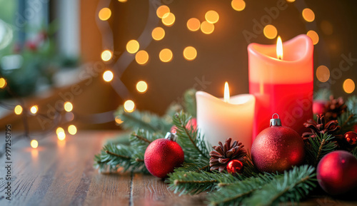 Festive Christmas background of candles with ornaments, pine branches, and warm bokeh lights.