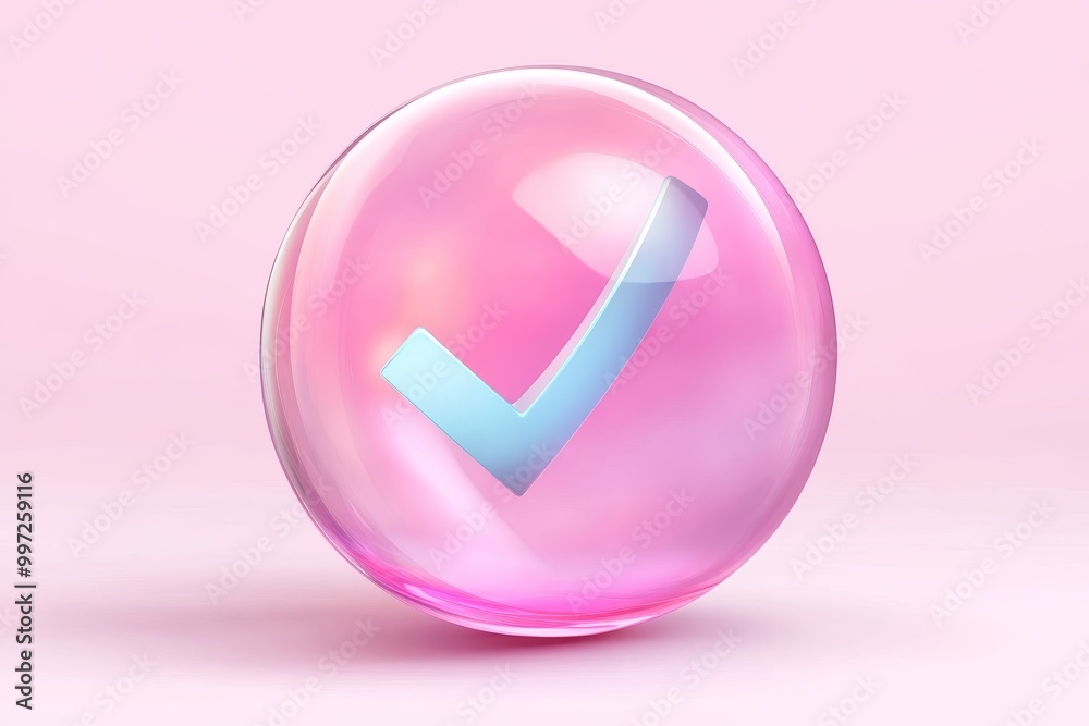 Pink glass globe with a glowing checkmark symbolizing digital security data approval and cybersecurity in a futuristic environment Pink glass globe with a glowing checkmark symbolizing digital security data approval and cybersecurity in a futuristic environment