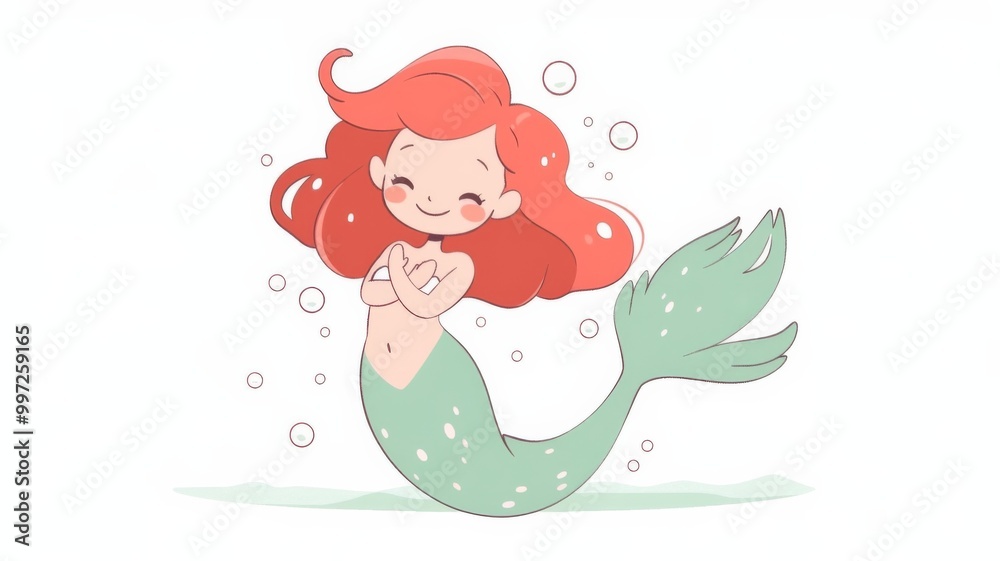 A smiling mermaid with red hair happily swims in a pastel-colored pool A smiling mermaid with red hair happily swims in a pastel-colored pool