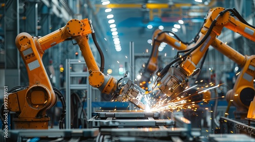 High-tech industrial scene featuring robotic arms engaged in precise manufacturing tasks with sparks flying in a dynamic factory environment.