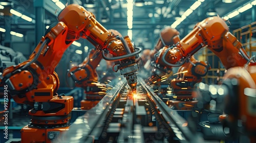 High-tech industrial scene featuring robotic arms engaged in precise manufacturing tasks with sparks flying in a dynamic factory environment.