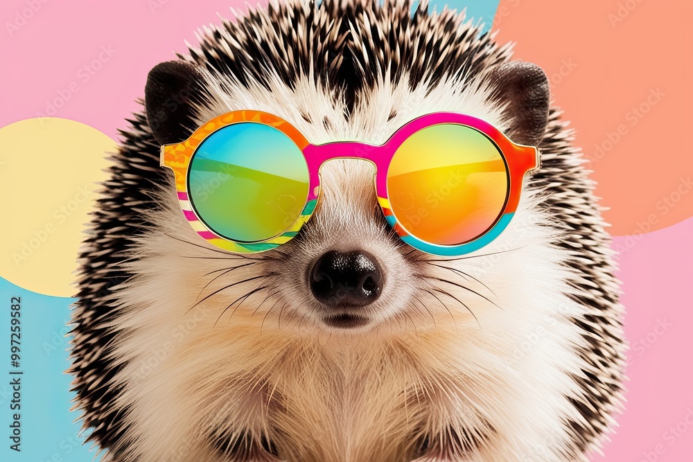 Colorful Hedgehog Art with Unique Sunglasses on Pastel Background Colorful Hedgehog Art with Unique Sunglasses on Pastel Background