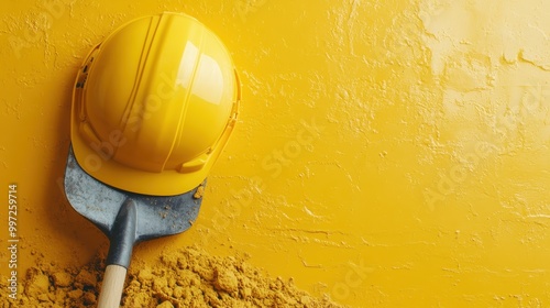 A vibrant, close-up image of a yellow construction helmet placed on a shovel blade against a textured yellow background, symbolizing labor and industry.