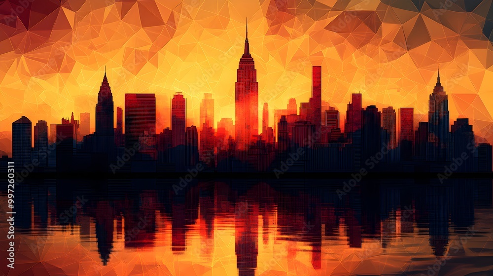 Obraz premium A stylized silhouette of your city's skyline at sunset, blending iconic buildings with abstract geometric shapes, digital illustration,warm hues,minimalistic,local pride