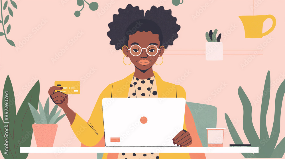 American woman shopping online using a laptop and credit card in a modern flat illustration style, surrounded by plants and minimal decor, with a soft pastel background and copy space. American woman shopping online using a laptop and credit card in a modern flat illustration style, surrounded by plants and minimal decor, with a soft pastel background and copy space.