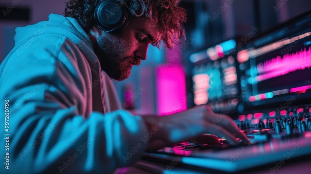A music producer wearing headphones adjusts sound on a mixing board, surrounded by brightly lit monitors showing audio waveforms in a vibrant, modern studio setting. A music producer wearing headphones adjusts sound on a mixing board, surrounded by brightly lit monitors showing audio waveforms in a vibrant, modern studio setting.