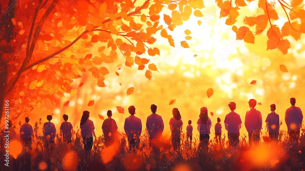 A vibrant community gathering, people wearing purple shirts, surrounded by orange autumn leaves, warm sunset lighting, creating a cozy atmosphere illustration, warm colors, soft focus, autumn A vibrant community gathering, people wearing purple shirts, surrounded by orange autumn leaves, warm sunset lighting, creating a cozy atmosphere illustration, warm colors, soft focus, autumn
