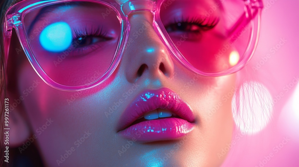 Neon Fashion Portraits: Stylish Woman with Pink Glasses in Futuristic Lighting Neon Fashion Portraits: Stylish Woman with Pink Glasses in Futuristic Lighting