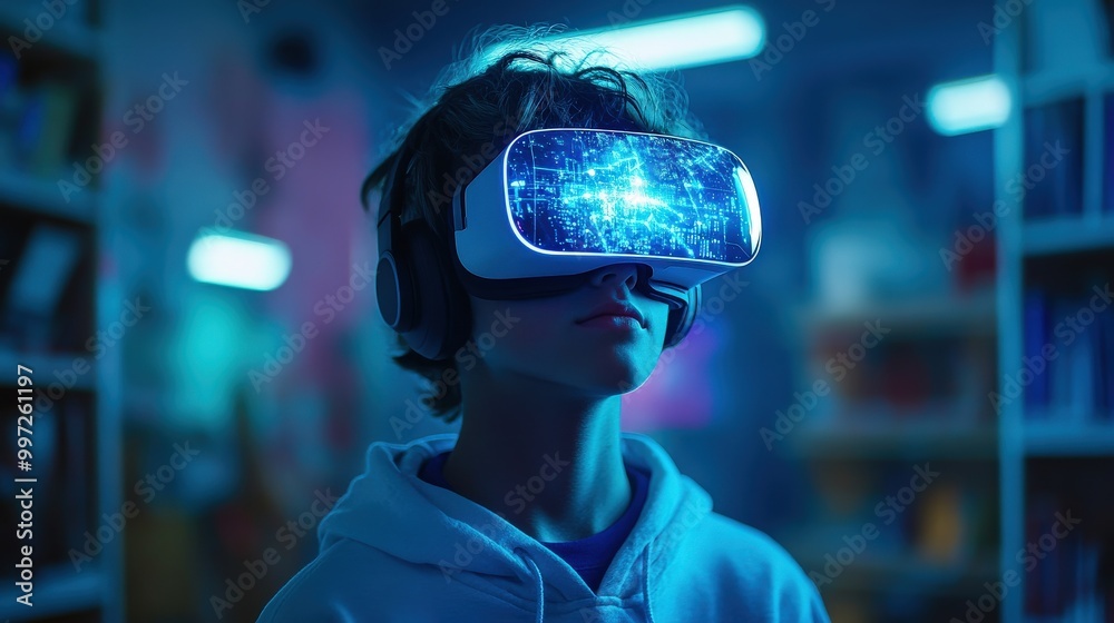 School student using VR headset to interact with AI holograms in a classroom environment School student using VR headset to interact with AI holograms in a classroom environment