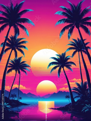 A vibrant sunset over a tropical landscape with palm trees and mountains reflecting in water.
