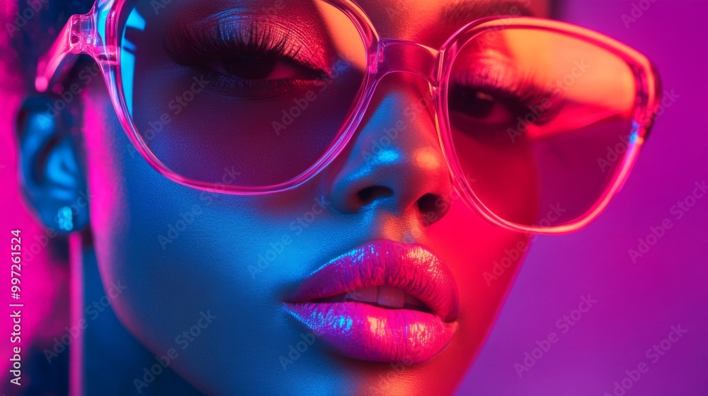 Neon Fashion Portraits: Stylish Woman with Pink Glasses in Futuristic Lighting