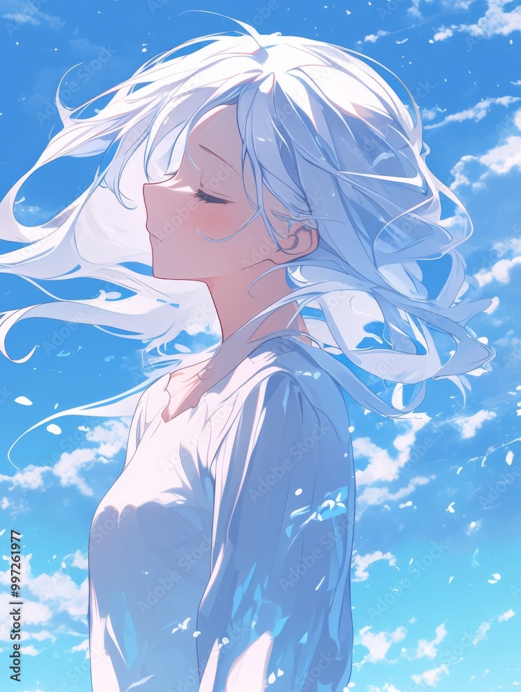white-haired girl with long hair gently floating in the wind stands among clouds, against a light blue sky background white-haired girl with long hair gently floating in the wind stands among clouds, against a light blue sky background
