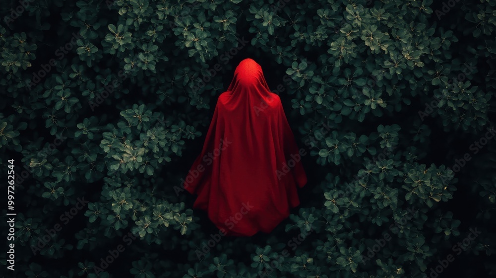 A mysterious figure draped in a vibrant red cloak stands amidst a lush green canopy of leaves, evoking a sense of secrecy and adventure while blending into nature. A mysterious figure draped in a vibrant red cloak stands amidst a lush green canopy of leaves, evoking a sense of secrecy and adventure while blending into nature.