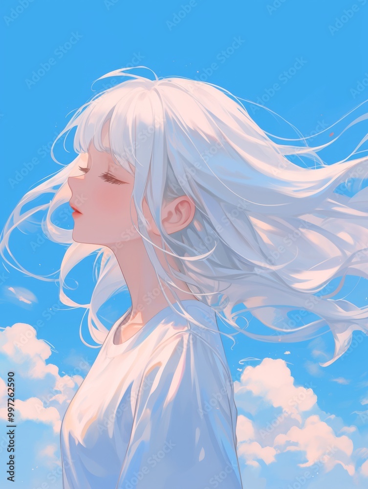 white-haired girl with long hair gently floating in the wind stands among clouds, against a light blue sky background white-haired girl with long hair gently floating in the wind stands among clouds, against a light blue sky background