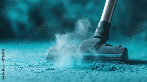 This close-up image features a vacuum cleaner head actively vacuuming dust on a blue surface, highlighting the efficiency and cleanliness provided by modern cleaning technology. photo