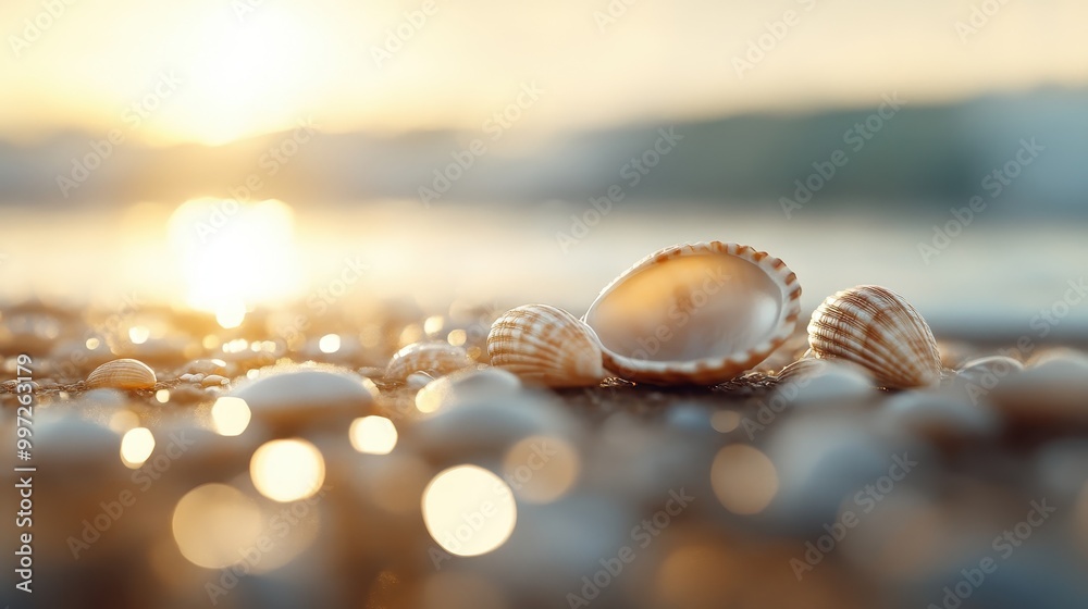 A serene image of several seashells on a beach with the sun rising in the background, highlighting the glistening surface of the wet sand and the shells. A serene image of several seashells on a beach with the sun rising in the background, highlighting the glistening surface of the wet sand and the shells.