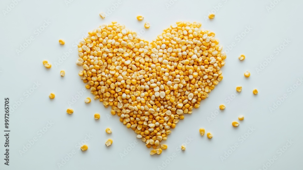 Flat lay of corn kernels shaped into a heart on white background, playful, bright natural lighting, clean composition, food art
