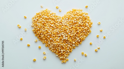 Flat lay of corn kernels shaped into a heart on white background, playful, bright natural lighting, clean composition, food art