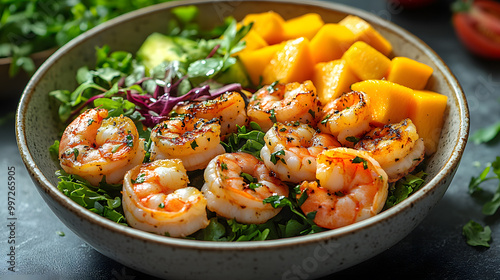 Surreal Feast: The Enchanting Dance of Shrimp, Mango, and Greens photo