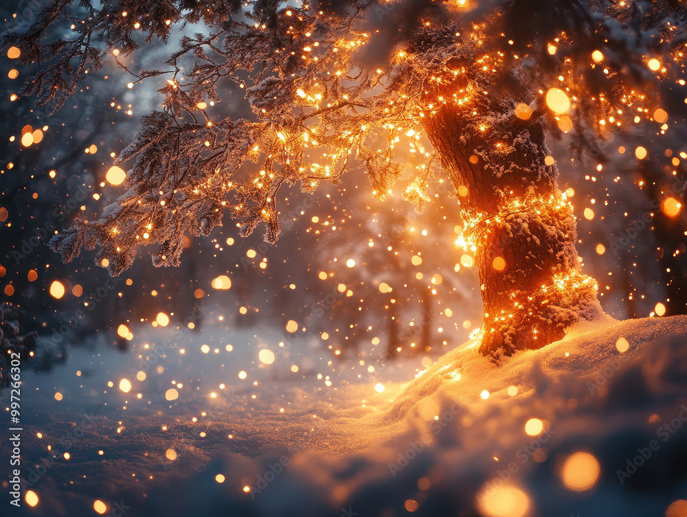 Naklejka premium Twinkling fairy lights wrapped around a snowy tree, full empty copy space for text.
