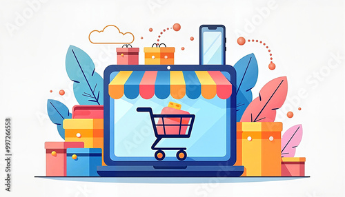 Colorful illustration of an online shopping interface with a cart and gift boxes