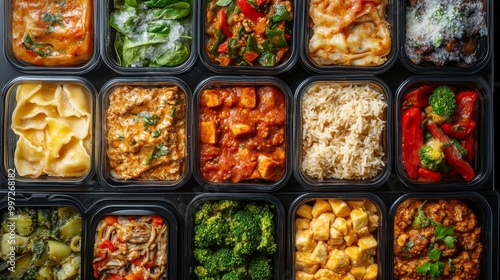Frozen ready meals with a variety of frost-covered dishes like lasagna, curry, and stir-fries, viewed from above in an organized layout photo