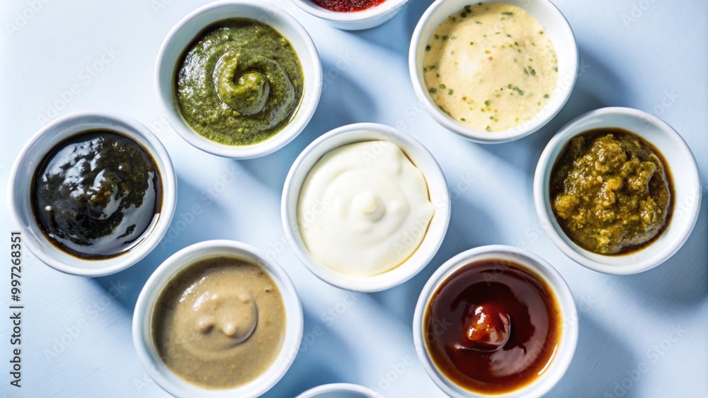 Set of different Sauce in white bowl from top view isolated on background, flat lay of various tasty dipping sauces cuisine.